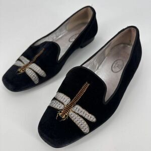 Papouelli Big Girls Embroidered Dragonfly Velvet‎ Loafer Shoes Black Size 4